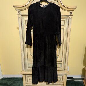 Black Pig Suede Dress Maxi, Long Sleeves, Vintage, Sz 12, Bonwit Teller Designer